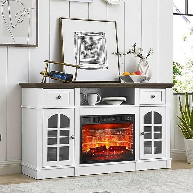 White TV Stand with Fireplace Farmhouse TV Stand for 65 Inch TV Wood 58