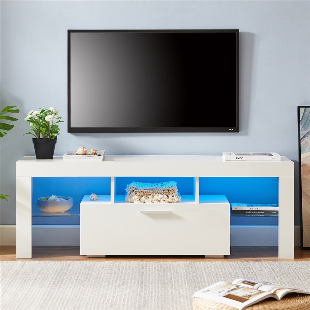 White TV Stand with LED Lights, SEGMART High Gloss TV Console
