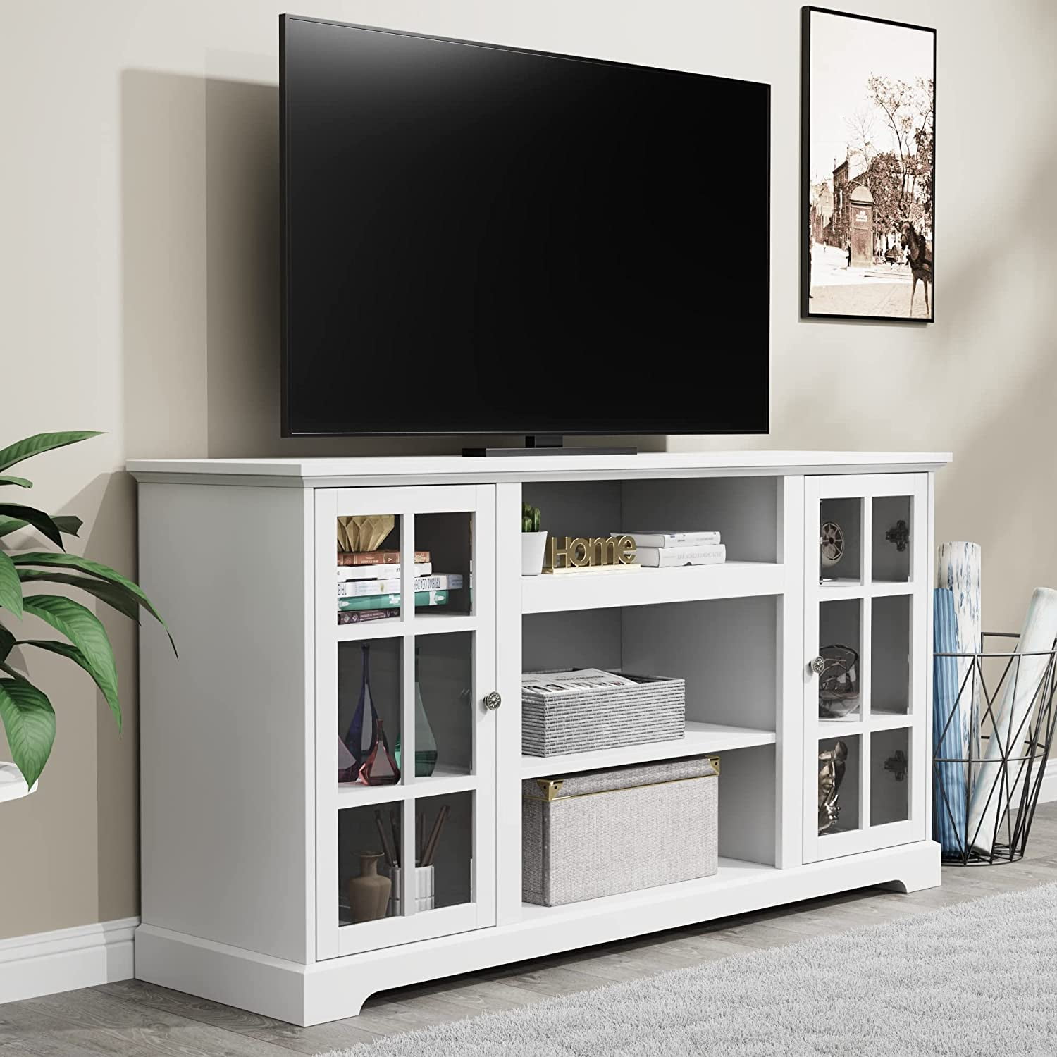 White TV Stand, Modern Farmhouse Wood Entertainment Center Console for