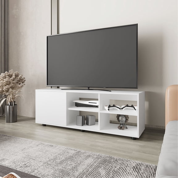 White TV Stand - Open Shelves for Books - Primary Living Area - Enhance Display