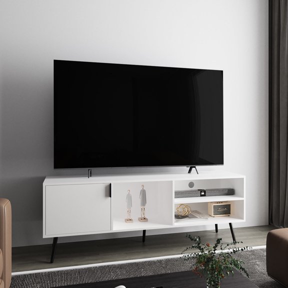 White TV Stand with Concealed & Open Storage / Enhances Contemporary Living Room Look and Organization