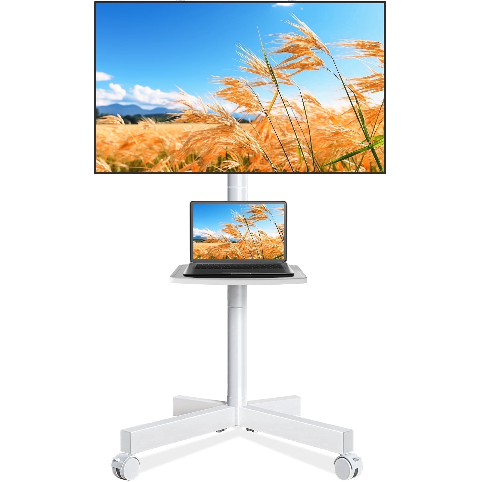 RTVR Modern Rolling TV Stand on Wheels with Shelf for 23 to 55 60 inch Flat Screens, Mobile TV Cart Stand, White