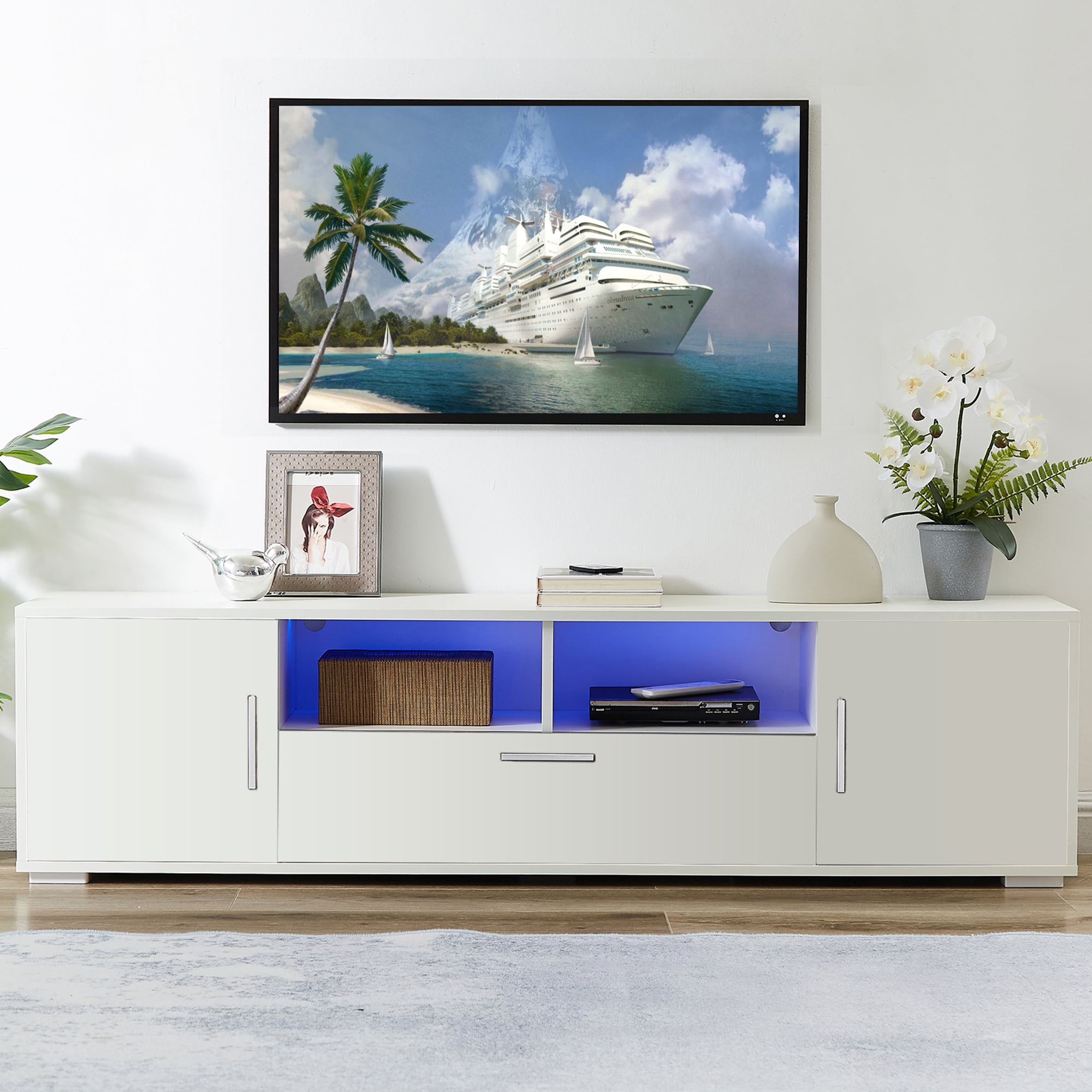 White TV Stands for 65 inch TV, Modern High Gloss TV Console Table with
