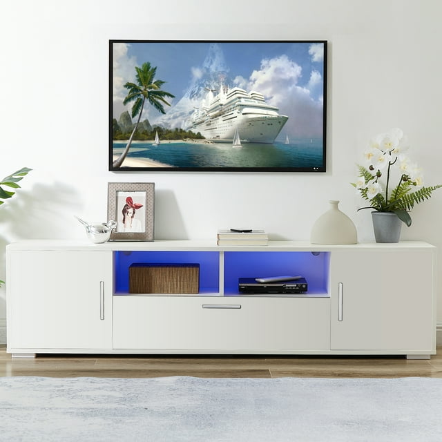 White TV Stands for 65 inch TV, Modern High Gloss TV Console Table with