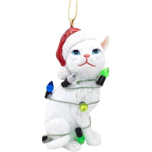 White Tabby Cat Christmas Tree Ornament with Santa Hat Wrapped in Christmas Tree Colored Lights