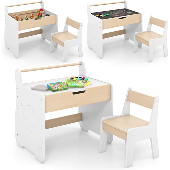White Table and Chair Set, 3-in-1 Children Wooden Activity Table and Chair for Art Craft, Reversible Blackboard, Paper Roll Holder, Toddler Furniture with Storage, Gift for Boys Girls