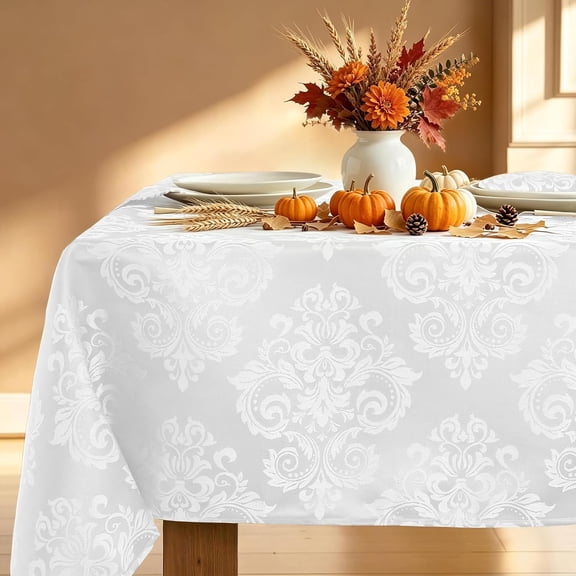 White Table Cloth Rectangle Jacquard Tablecloth (60"x120") | Floral Vintage Damask, Spillproof Fabric, Wrinkle Free, Polyester Table Cover for Autumn/Harvest Rustic Farmhouse Dining