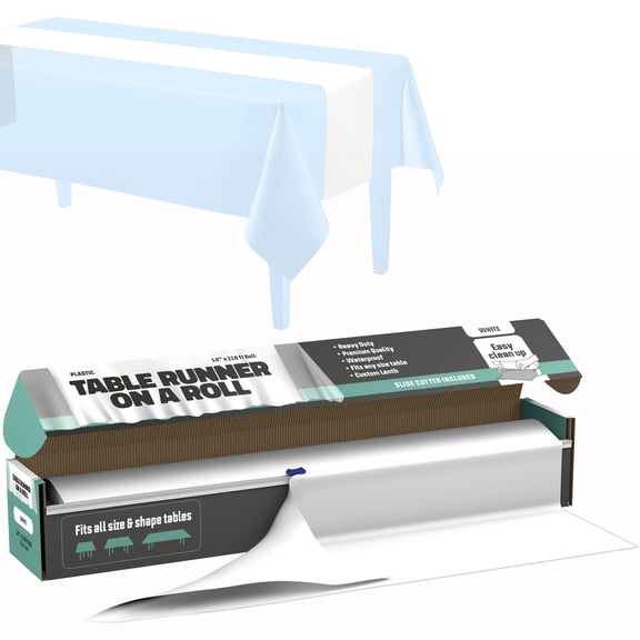 White Table Runner 14" X 110' Premium Plastic Longtable Runners with Cutter Box - Cut to Size - Decorative Rectangle Table Runners - Smooth Table Cloth - Disposable Table Cloths, Parties, Weddings.