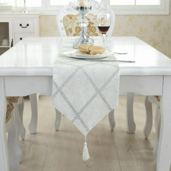 White Table Runner with Tassels, Water-Proof Christmas Table Runners with Silver Sequined Strip, Elegant Table Decoration for Home Kitchen Party Wedding Christmas, 11" x 82"
