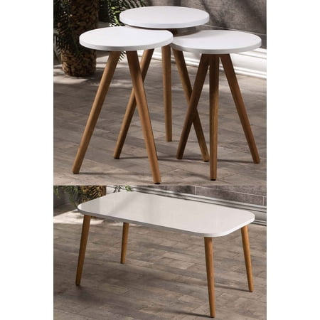 White Table Set with 4 PCS,Rectangular Coffee Table Set of 3 Modern Round Nesting Coffee Tables,Coffee Table with Wooden Legs,Stacking Side Tables, Set of 4 Small Accent Table End Table