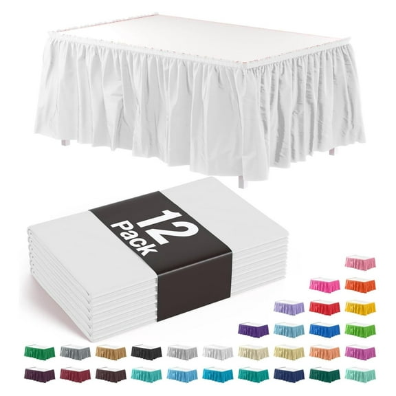 White Table Skirt 12 Pack 29" X 14' Disposable Plastic Table Skirts for Rectangle Tables 6ft + or Round Tables - Ruffle Table Skirt with Adhesive Strip - Gender Reveal Decor & Party