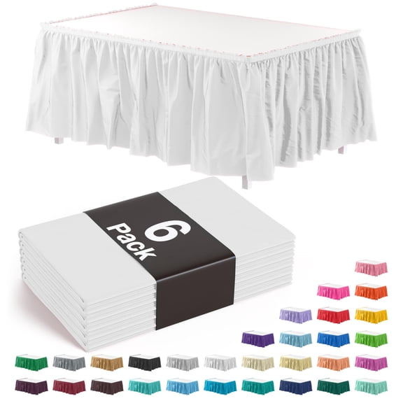 White Table Skirt 6 Pack - Disposable Plastic Table Skirts for Rectangle Tables 6ft 8ft & Round Tables - 29in x 14ft Self-Adhesive Strip