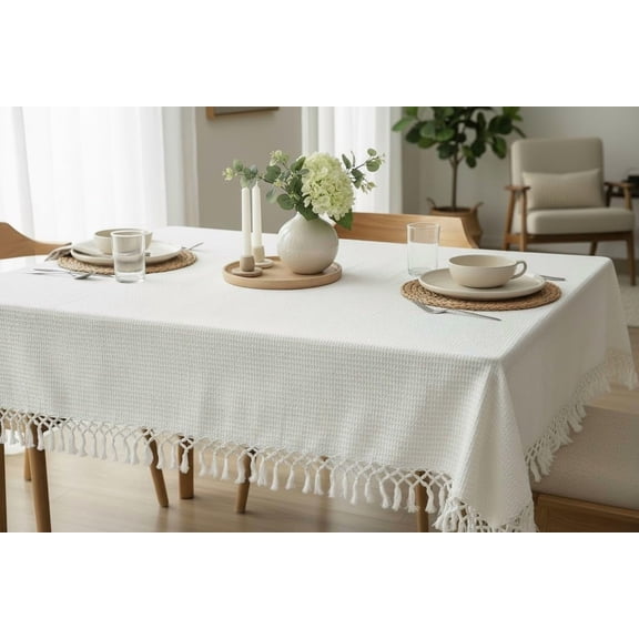 White Tablecloth with Fringe Edges Cotton Rectangular Tablecloth, Textured & Herringbone Design, Farmhouse Dining Table Cover for Kitchen, Wedding & Party (70x55 Inches)