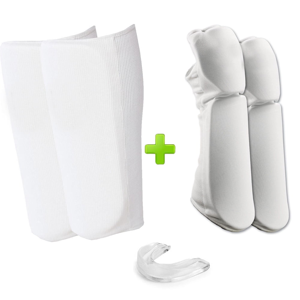 White Taekwondo, Karate Sparring Gear Set - Shin / Forearm Guard Bundle w/ Mouthguard
