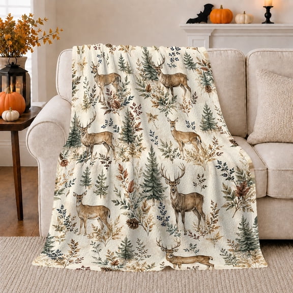 White Tailed Deer with Pines and Leaves, Rustic Watercolor Style for Deer Lovers, Cozy Woodland Forest Scene, Flannel Blanket for Cabin and Living Room, Birthday Gift and Nature Home Decor