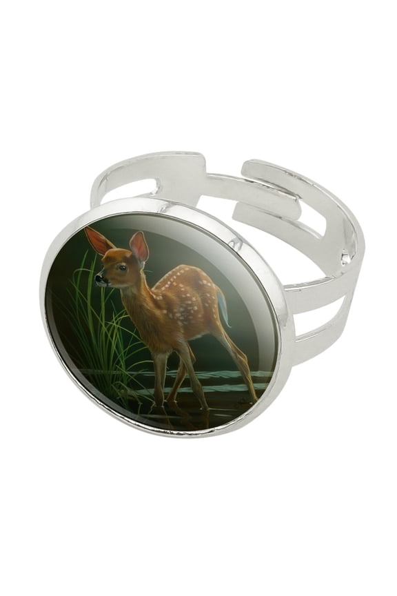 White-Tailed Fawn Alert Baby Deer Silver Plated Adjustable Novelty Ring