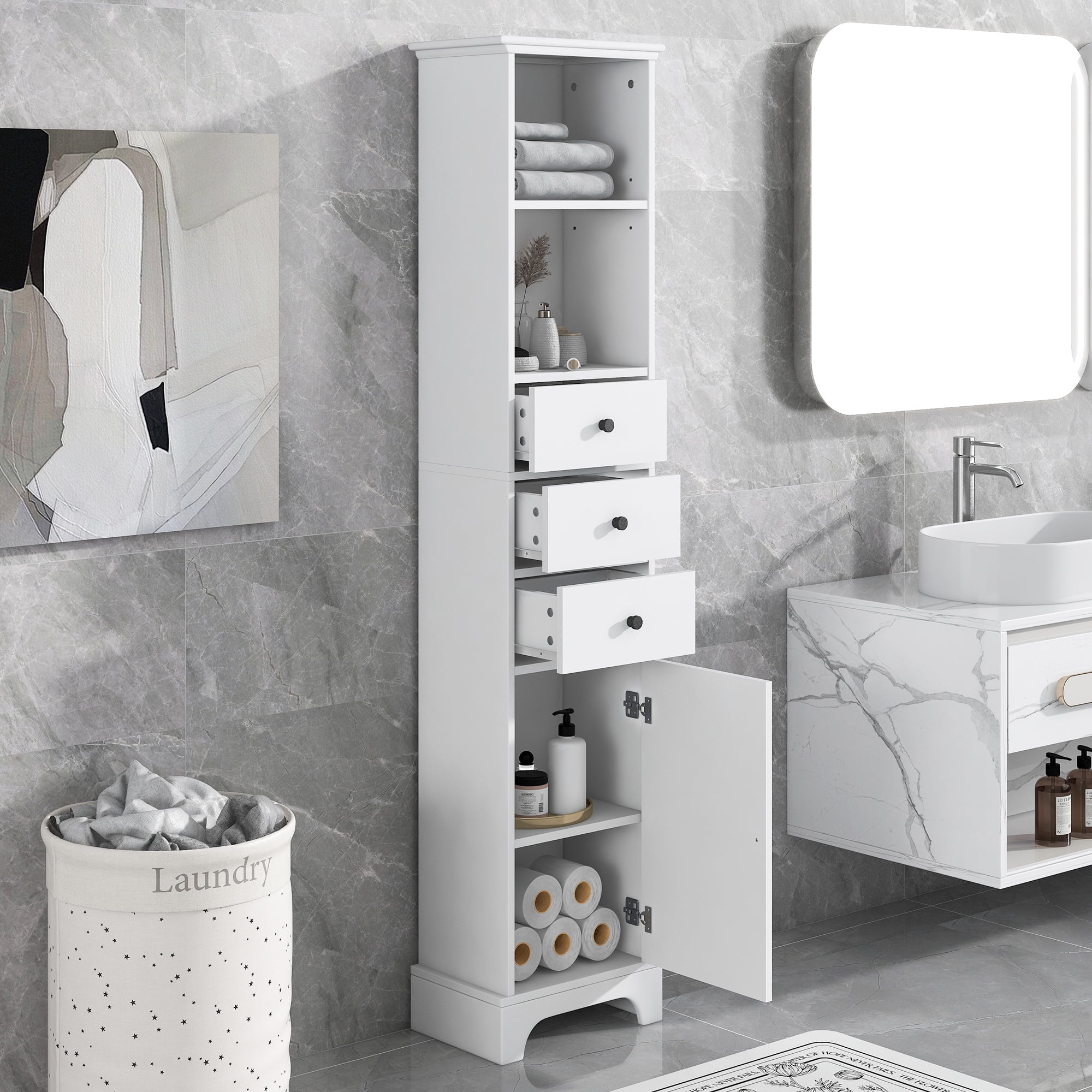 White Tall Bathroom Freestanding Storage with 3