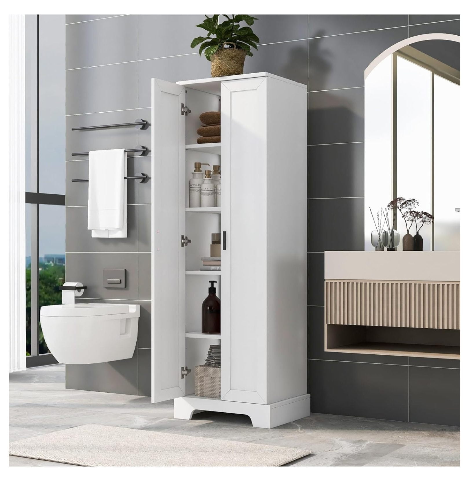 White Tall Bathroom Cabinet with Large Storage Space,Floor Cabinet with ...