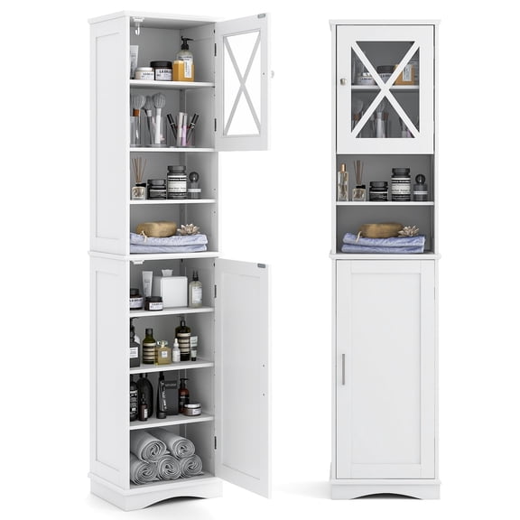 White Tall Bathroom Cabinet With Glass Pane Doors And Adjustable Shelves For Floor Storage In Bathroom Or Living Room