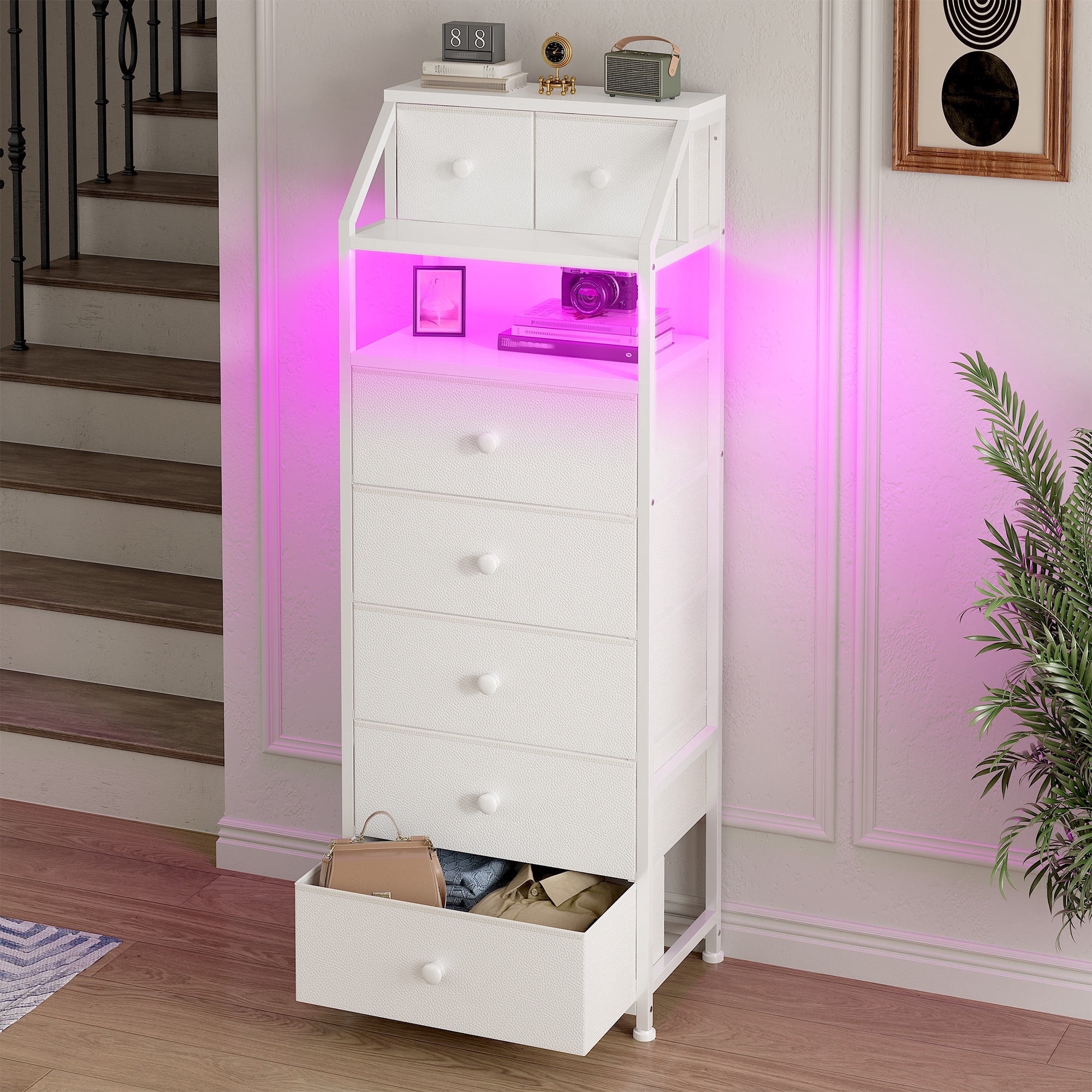 White Tall Dresser for Bedroom Dresser with LED Lights Tall Fabric Dresser with Open Wood Shelf,Tall Dresser of Metal Frame