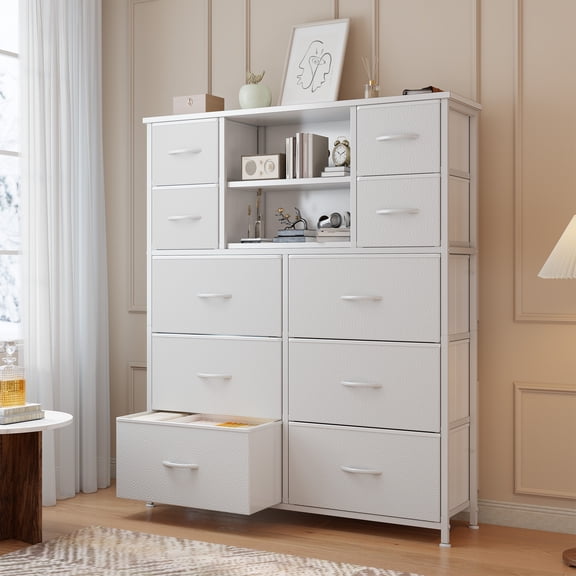 Romorgniz Tall Dresser for Bedroom with 10 Fabric Drawers Bedroom Dresser with Mesh Door for Closet, Metal Frame, Wood Top, White