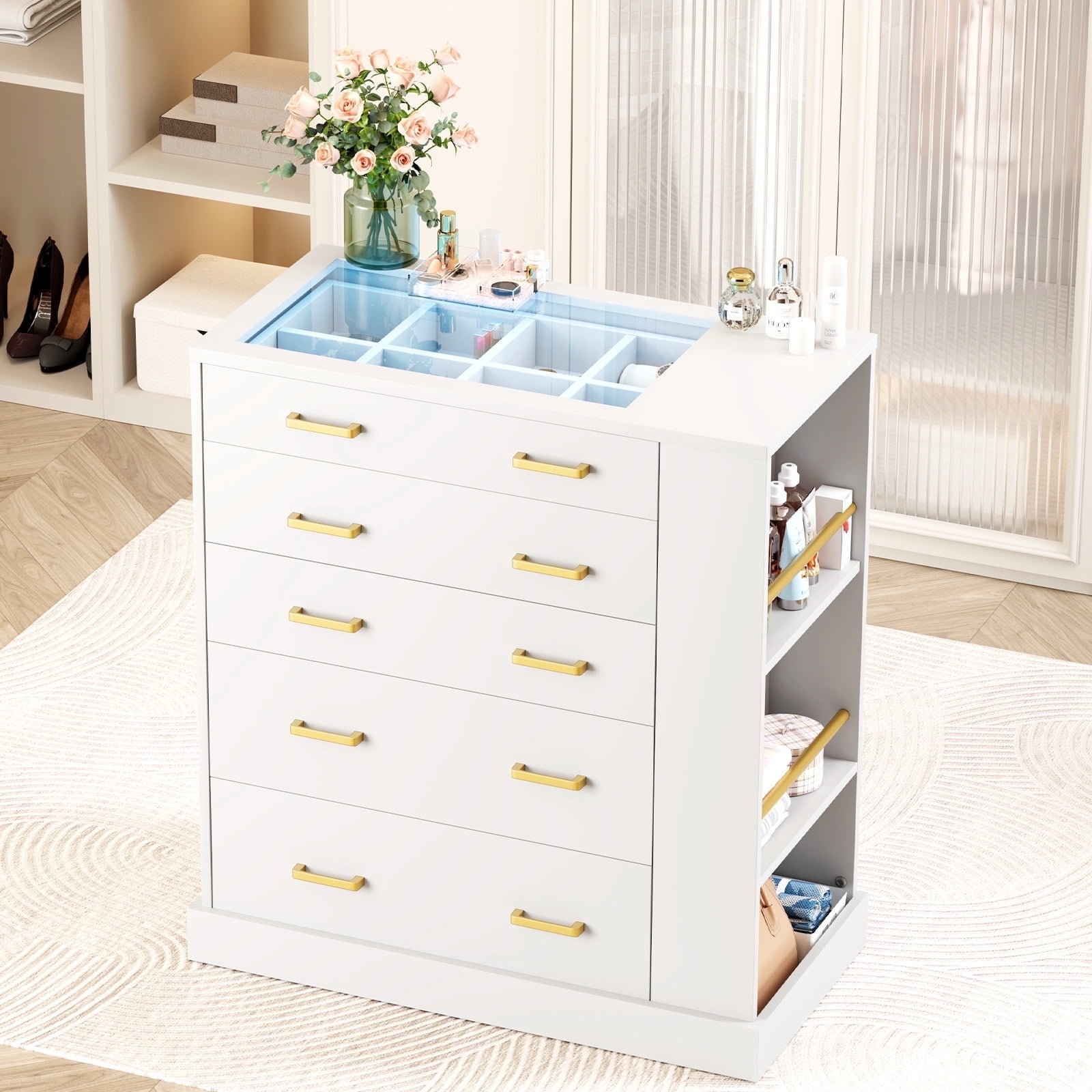 White Tall Glass Dresser With Led Lights & 5 Drawer Dresser & Modern Chests  Of Drawers, With Side Storage And Glass Top - Walmart.com