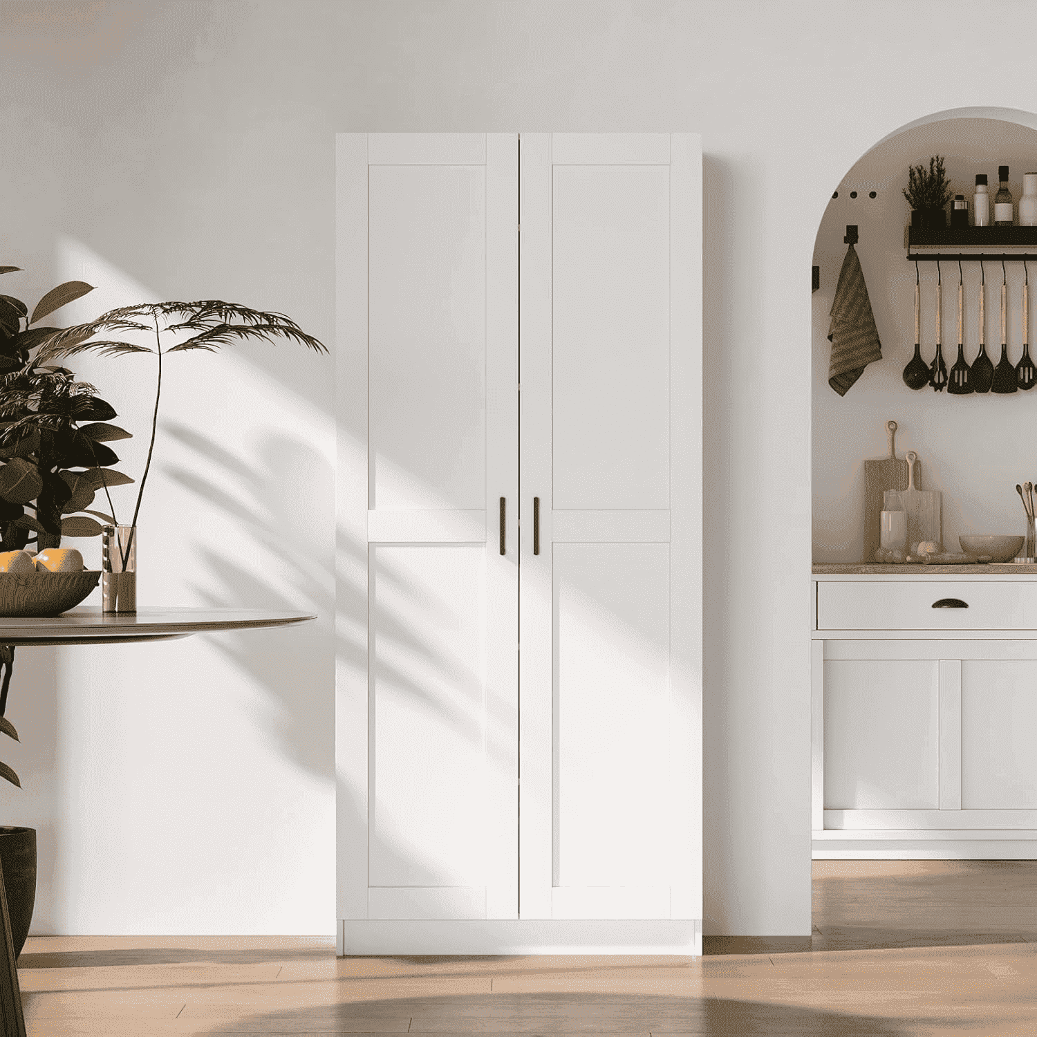 Fddevelop White Tall Wood Kitchen Pantry Cabinet with Doors and Adjustable Shelves  71”H
