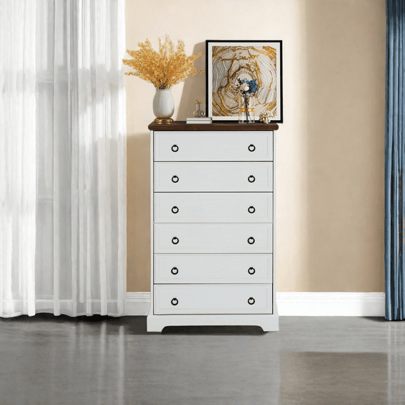 White Tall Skinny Dresser for Bedroom, 6 Drawer Dresser & Chest of Drawers with Round Metal Handles, Farmhouse Wood Dresser
