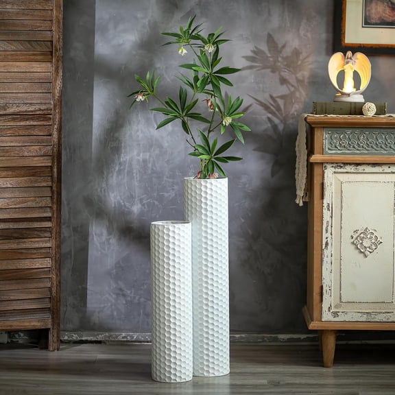 White Tall Vases for Floor: 27.6/21.7in Metal Cylinder Handmade Flower Holder Extra Large Decorative Vase Set of 2 Modern Honeycomb Texture Big Standing Vase for Living Room Home Corner