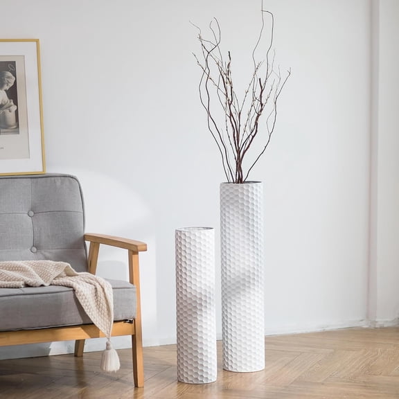 White Tall Vases for Floor: 27.6/21.7in Metal Cylinder Handmade Flower Holder Extra Large Drative Vase Set of 2 Modern Honeycomb Texture Big Standing Vase for Living Room Home Corner