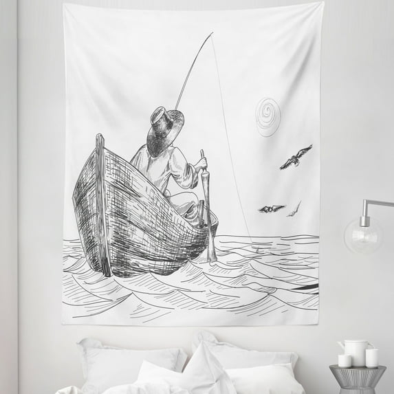 White Tapestry, Fisherman with Hat in Boat on Sunny Day Pencil Sketch Styled Illustration, Fabric Wall Hanging Decor for Bedroom Living Room Dorm, 5 Sizes, Charcoal Grey White, by Ambesonne