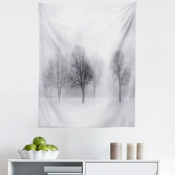 White Tapestry, Foggy Misty Cold Scenery Leafless Tree Branch in Weather Print, Fabric Wall Hanging Decor for Bedroom Living Room Dorm, 5 Sizes, Grey White, by Ambesonne