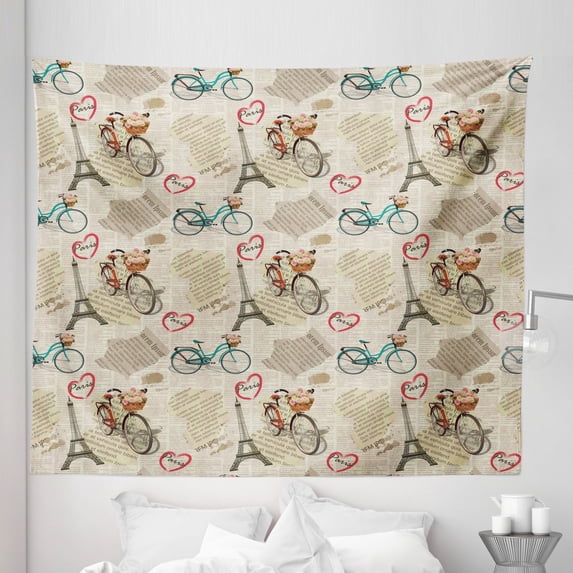 White Tapestry, Newspaper Vintage Retro with Paris Lettering in Hearts Art Print, Fabric Wall Hanging Decor for Bedroom Living Room Dorm, 5 Sizes, White Black, by Ambesonne