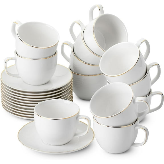 BTaT- Tea Cups and Saucers with Gold Trim, Set of 12, 8oz, White Porcelain Tea Cups