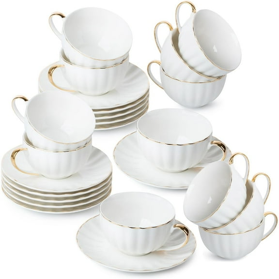 White Tea Cups and Saucers Set of 12 (7 oz), Porcelain White Tea Cup Set of 12 with Golden Trim Design, Dishwasher Safe