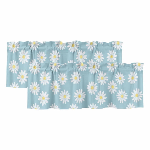 White Teal Daisy Curtain Valances for Windows, Kitchen Valance Window Treatments Panel 2 Pack, Spring Summer Floral Botanical Rod Pocket Short Curtains for Bathroom Bedroom 42 x 12 Inch