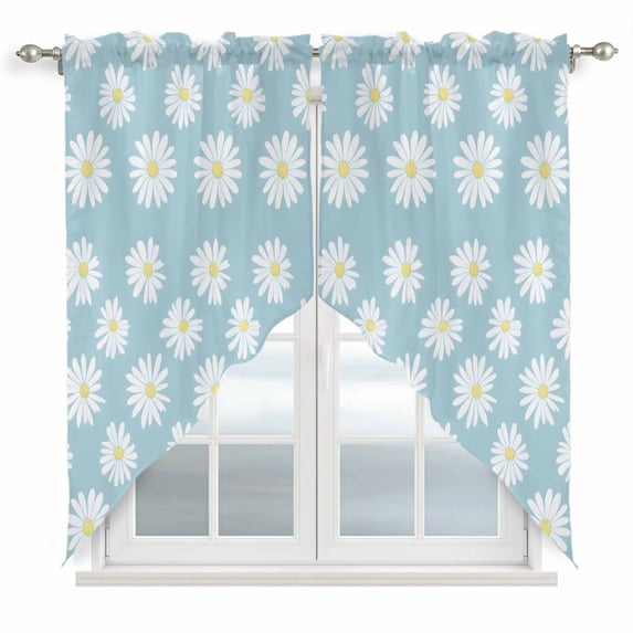 White Teal Daisy Kitchen Window Curtains, Swag Curtains Valance for Bedroom Living Room Bathroom, Spring Summer Floral Farmhouse Rod Pocket Window Treatment Curtain Block Drapes 2 Panels 36"x36"
