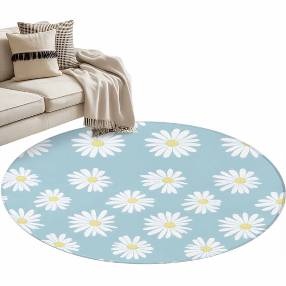 White Teal Daisy Large Area Rugs for Bedroom Living Room, Soft Non Slip Carpet Bedside Rug, Spring Summer Floral Farmhouse Round Floor Cover Kitchen Accent Rug 3' for Dining Room/Office
