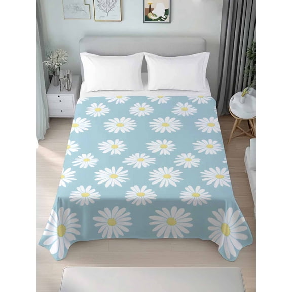 White Teal Daisy Queen Size Flat Sheet, Wrinkleproof & Fadeproof Cooling Flat Bed Sheet Only, Spring Summer Floral Farmhouse Breathable Soft Bedding Top Sheets 90 x 102 Inches