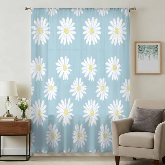 White Teal Daisy Sheer Curtains 45 Inches Long, Spring Summer Floral Farmhouse Light Filering Curtains, Breathable Simi Curtain Privacy Drapes for Kitchen Bathroom Lightweight Small Window Treatment