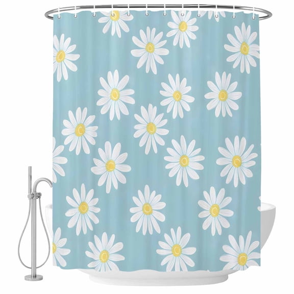 White Teal Daisy Shower Curtain Set - Small 36" x 72" Washable Bathtub Curtain with 12 Hooks, Spring Summer Floral Botanical Waterproof Fabric Stall Shower Curtains for Bathroom/Bathtub Décor