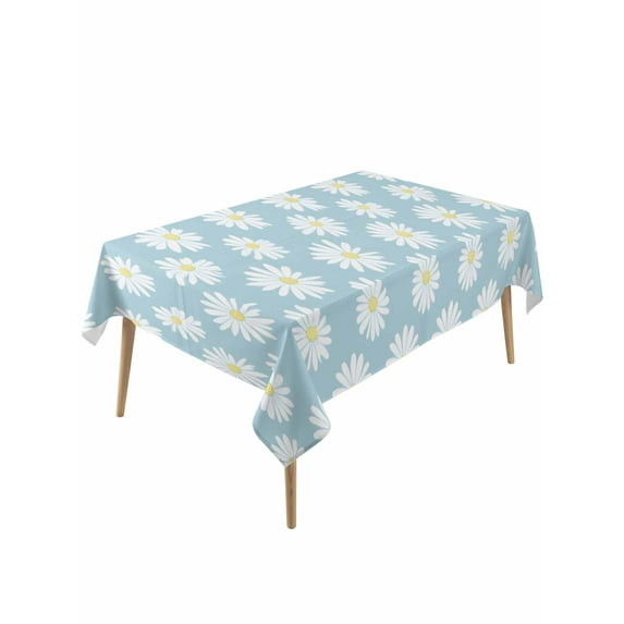White Teal Daisy Table Cloth, Spring Summer Floral Farmhouse Waterproof Tablecloth for Rectangle Tables, Reusable Washable Fabric Table Cover for Restaurant Kitchen Dining Tables 60"x120"