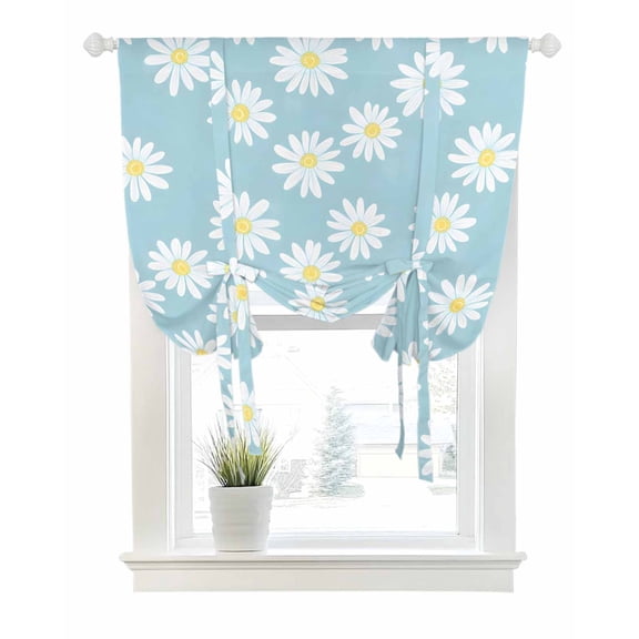 White Teal Daisy Tie Up Curtains for Window, Thermal Insulated Balloon Shade Adjustable Rod Pocket Curtains Valance Panels for Kitchen Bathroom Cafe 42 x 54 Spring Summer Floral Botanical