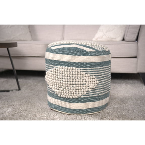 White & Teal Fabric Pouf, Handmade Of Wool And Cotton, 16"x16", 250lb Capacity, Spot Clean, Fully Assembled Cylindrical From 16x16,