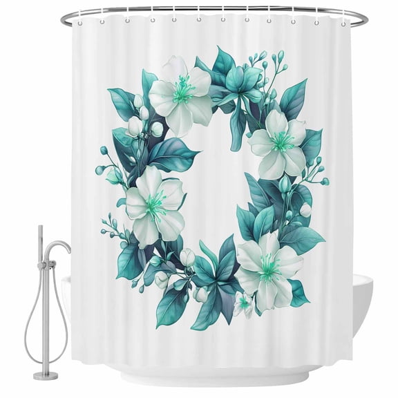 White Teal Gardenias Wreath Fabric Shower Curtain Floral Leaf Washable Shower Curtains for Bathroom, Waterproof Bath Curtain with Hooks Home Decor 72x72in