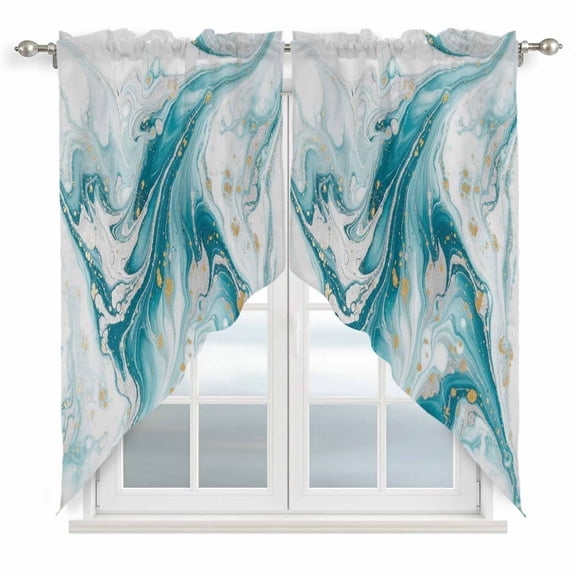 White Teal Marble Swag Curtains for Living Room/Bedroom, Modern Abstract Art Marble Fluid Swag Kitchen Curtain Valances for Windows, Tier Topper Scalloped Curtain 2 Panels, 56"W x 36"L