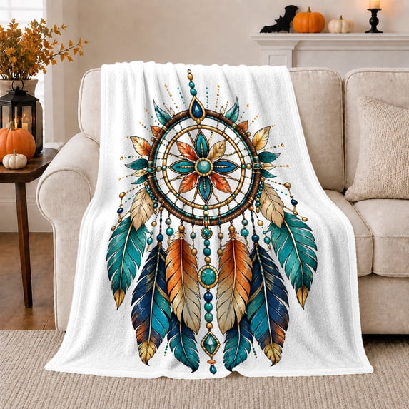 White Teal Orange And Gold Beaded, Colorful Bohemian Art Style for Bohemian Decor Enthusiasts, Housewarming Gift with Cozy Flannel Blanket, Home Decor for Bedroom And Dorm Room And Reading Nook