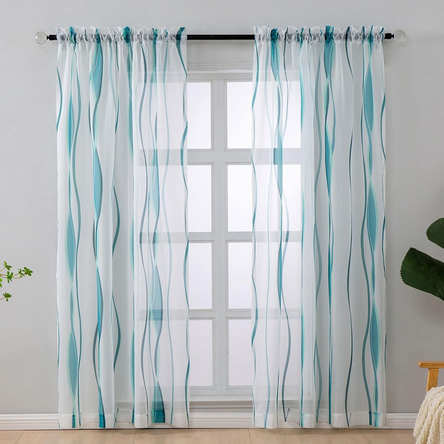 White and Teal Sheer Curtains, 84 Inch Long, 2 Panels Set for Living ...