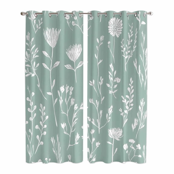 White Teal Spring Floral Kitchen Curtains 84 Inch Length, Summer Flowers Botanical Grommet Top Bedroom Living Room Curtains, Light Filtering Cafe Curtain Drapes 2 Panels Set 84''x84''