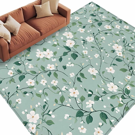White Teal Spring Floral Large Area Rugs for Bedroom Living Room, Non Slip Carpet Bedside Rug, Watercolor Flowers Summer Botanical Rectangular Floor Cover Kitchen Accent Rug 5'x8' for Office
